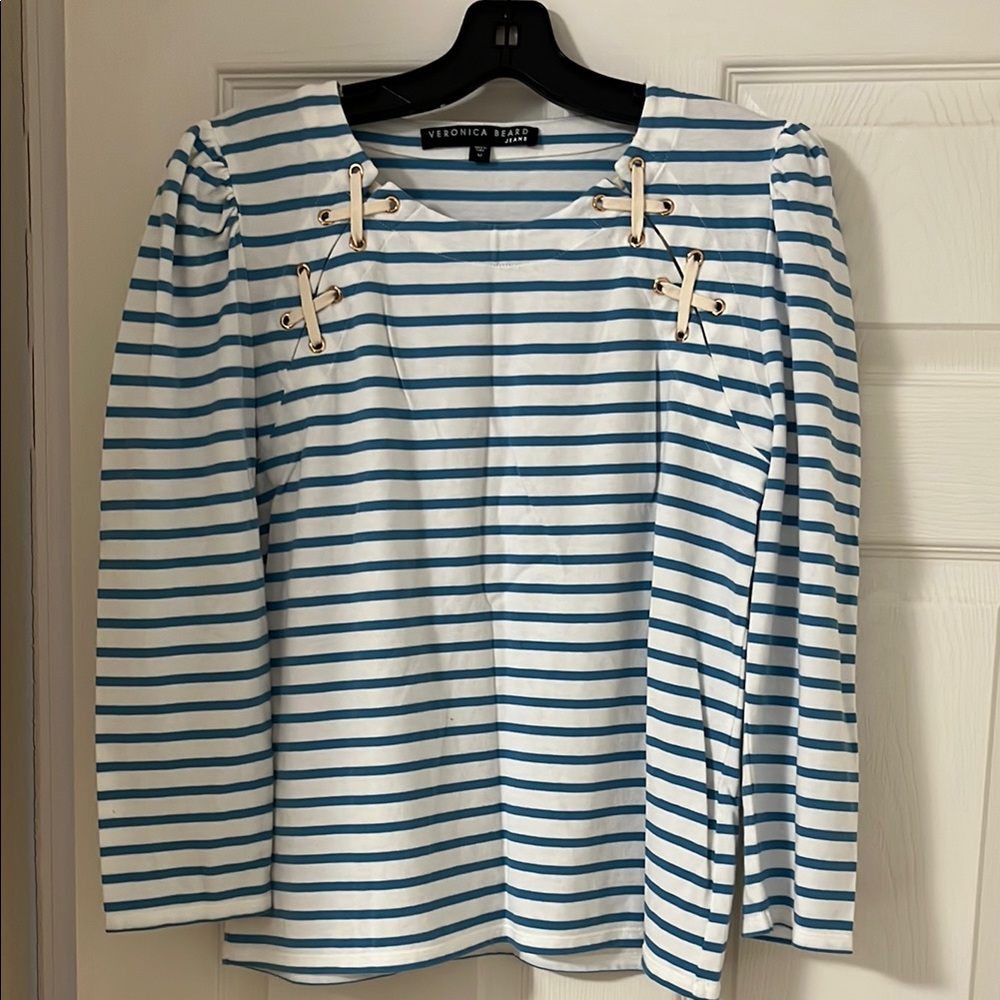 Veronica Beard White and Blue Striped Sailor Collar Blouse